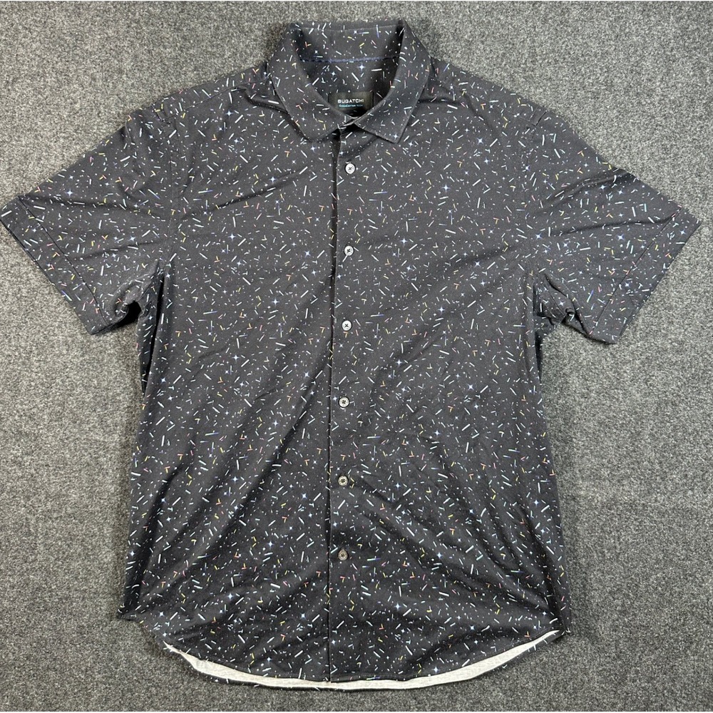 Bugatchi OoohCotton Tech Shirt Mens Large Black Neon Sprinkle Short Sleeve